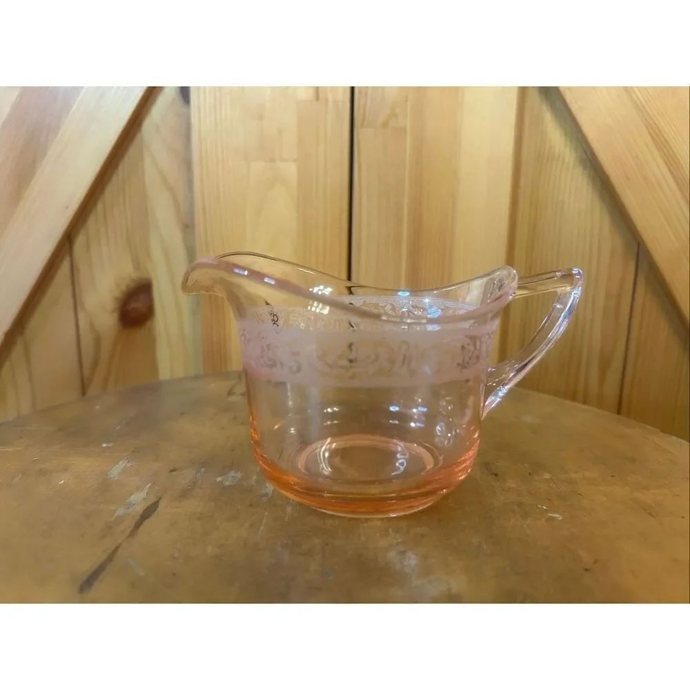 Vintage Pink Depression Glass Creamer Etched Design (5793)